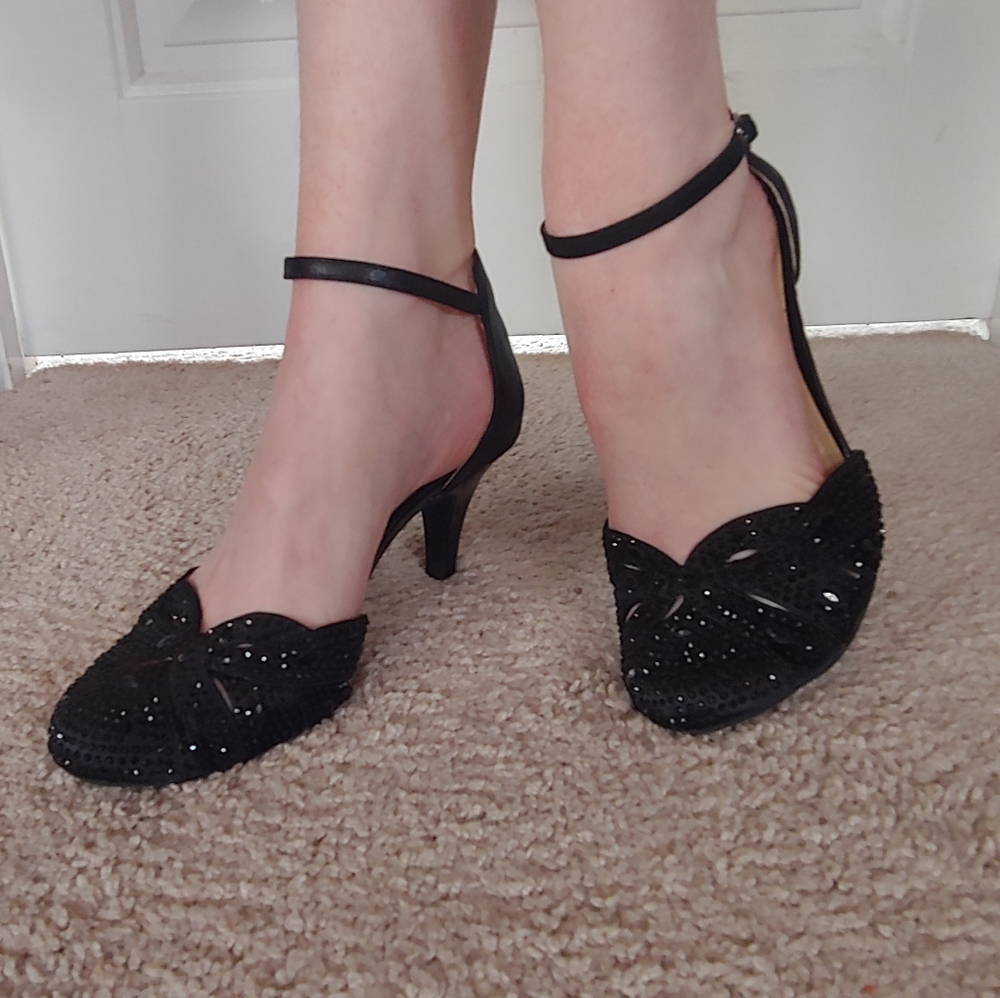Classy black rhinestone ankle strap heels